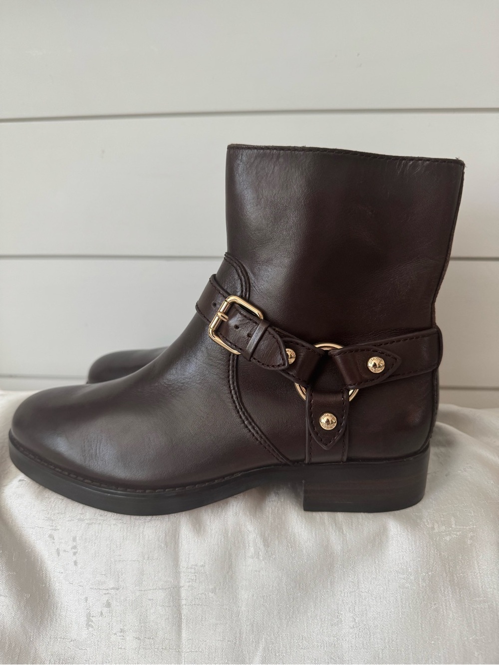 Coach Edna Dark Brown Leather Ankle Booties with Gold Buckle Detail